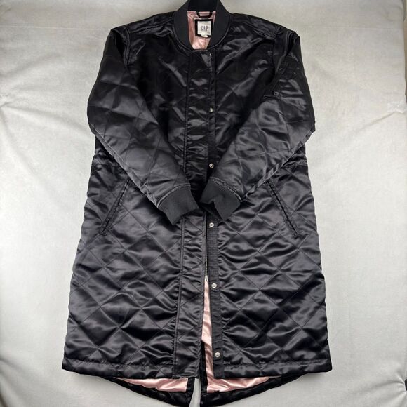 GAP Quilted Bomber Jacket Womens S Black Shiny Elongated Satin Pink Lining Coat - Picture 1 of 13